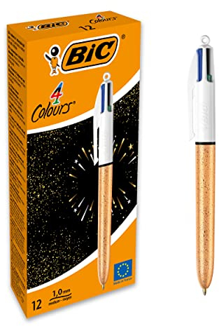 BIC 4 Couleurs Stylos-Bille Rétractables Pointe Moyenne (1,0 mm) - Corps Texturé Doré Givré, Boîte de 12