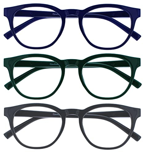 OPULIZE Blu-Lesebrille Blaulichtfilter 3er Pack Cool Rund Rahmen Federscharniere Verbessern Den Schlaf Computer Gaming Entspiegelt Blau Grün Grau Herren Damen BBB5-367 +3.00