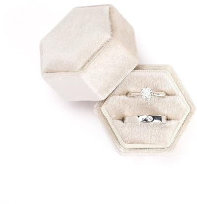 Etercycle Velvet Jewelry Ring Box, Hexagon Premium Gorgeous Vintage Double Ring Gift Box with Detachable Lid for Proposal Engagement Wedding Ceremony (Beige)