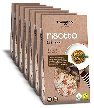 Trevijano Risotto aux Champignons: 7 sacs de 280 g chacune. Sans additifs ni conservateurs, uniquement des ingrédients végétaux déshydratés: riz, cèpes déshydratés, oignon, carotte, courgette.