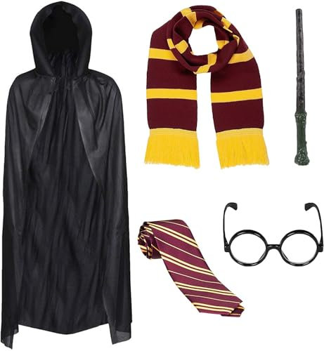 5pc Kids Wizard Costume - Hooded Black Cape, Gold and Maroon scarf, Magic Wand, Costume Tie and Fancy Dress Glasses - World Book Day Outfits Boys Halloween Costumes for Kids Wizard Accessories