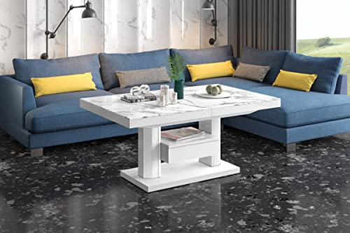 designimpex HM-120 Couchtisch Marmor Natur/Weiß Hochglanz ausziehbar höhenverstellbar 120/170cm Schublade modern Wohnzimmertisch Esstisch Beistelltisch Sofatisch platzsparend hochwertig Wohnzimmer