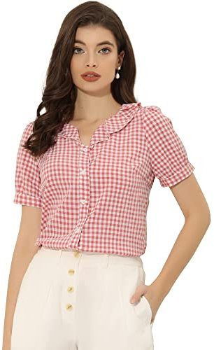 Allegra K Costume de la Saint-Patrick pour Femme, Chemise à Carreaux Vichy, Haut à Col Volant, Manches Courtes, Rose, M
