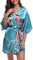Migcaput Kimono Damen Kurz Bademantel mit Gürtel Satin V-Ausschnitt Morgenmantel Leicht Seide Strandkimonos Sexy mit Blumen Muster für Frauen Seeblau XXL