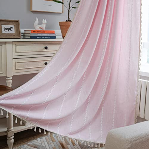 Sutuo Home Boho-Vorhang für Schlafzimmer, Wohnzimmer, 160 cm Länge, lichtfilternd, Landhaus, Vintage, Shabby-Chic-Quasten, Fensterbehandlung, Bohemian-Drapierung, 1 Vorhang 132,1 cm B x 160 cm L, Rosa