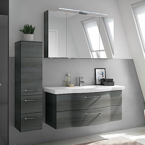 Lomadox Badezimmer Möbel Set, 122cm Waschbecken, LED Beleuchtung, Graphit Struktur quer Nb., B/H/T ca. 167/200/51,5 cm