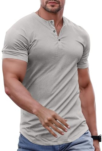 JMIERR Mens Muscle Slim Fit Button Henley Shirts Summer Crewneck Short Sleeve Longline Fitted T-Shirt Gym Workout Athletic Tees Shirt for Men, L, Grey