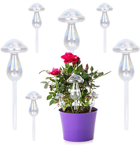 6 PCS Globos de Riego para Plantas, Bola de Riego de Plantas de Vidrio Riego Automatico Macetas Bombillas de Autorriego Regar Plantas Gotero Riego de Plantas para Interiores y Exteriores (Champiñón)