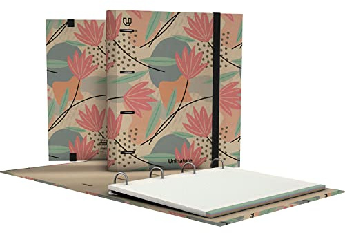 Unipapel - Ökologischer Ordner mit 4 Ringen, A4, enthält 100 recycelte Blätter, 90 g, kariert, 5 x 5, Farbbänder, Uninature Design Blumen, FSC Recycled 100%, Ordner