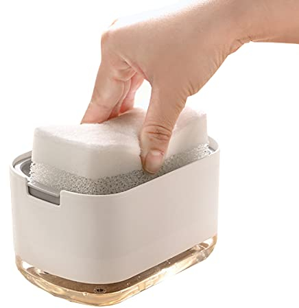 BoBoU Dispensador de jabón para lavar platos, soporte para esponja, dispensador de jabón con caja de almacenamiento, para esponja y cepillo de ollas de plástico (blanco pequeño)