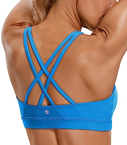 CRZ YOGA Damen Ohne Bügel Sport BH Gekreuzt Rücken Spaghetti Top Abnehmbare Pads Yoga Croptop Madagaskar Blau L