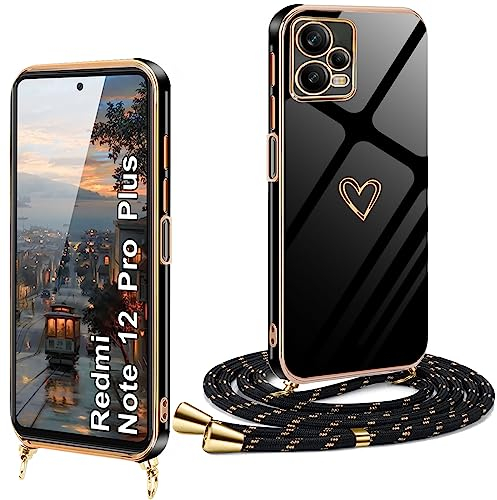 Handykette für Redmi Note 12 Pro Plus 5G Hülle mit Band,Handyhülle Redmi Note 12 Pro Plus mit Kette Luxuriös Galvanisierte Kratzfest Schutzhülle Silikon Cover Stoßfest Case mit Herz Love Design