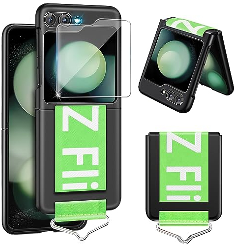 Handyhülle für Samsung Galaxy Z Flip 5 5G Hülle mit Schutzfolie, Dünn Folable Matt PC Panzerhülle Handy Tasche mit Ring Nylon Strap Handschlaufe Stoßfeste Schutzhülle für Samsung Z Flip5 (Schwarz)