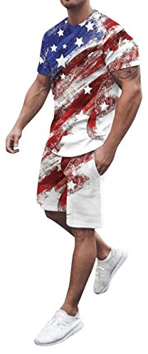 rtdgcv Trainingsanzug Jungen 152 Herren Unabhängigkeitstag Flagge Frühling Sommer Freizeit Sport Bequeme atmungsaktive schweißabsorbierende Shorts Kurzarmanzug Leinen Anzug Herren (White, S)