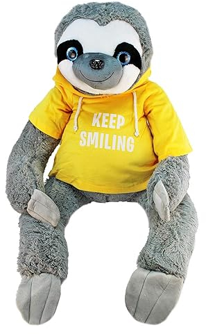 BEMIRO Faultier Kuscheltier XXL gelb Keep Smiling - 100 cm, Faultier Kuscheltier mit Pulli, Kletthände zum anhängen, Plüschtier mit Hoodie