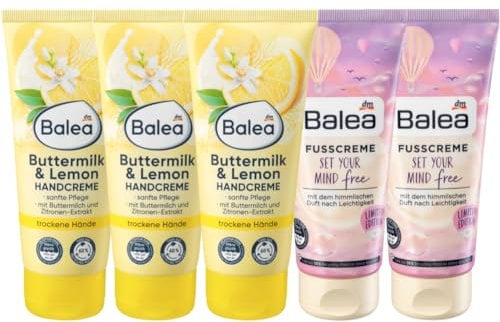 Balea 5er-Set Hautpflege: BUTTERMILK & LEMON Handcreme mit Zitronen-Extrakt & Panthenol für trockene Hände (3 x 100 ml) + SET YOUR MIND FREE Fußcreme für geschmeidig-glatte Haut (2 x 100 ml), 500 ml