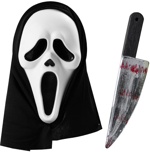 Maschera Ghost Face e Coltello Insanguinato Finto - Set di Accessori per Costume di Halloween per Adulti - Maschera Horror di Scream e Coltello di Scena per Uomini - Costumi Spaventosi per Halloween