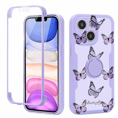 Yoedge Kickstand Phone Case for iPhone 15 6,1, 360°Rotatable Magnetic Ring Holder Cases, Full Body Shockproof Silicone TPU Back Cover with Built-in Screen Protector Case, Butterfly