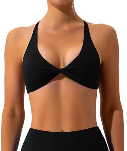 Litthing Womens Sexy Sports Bra Backless V Neck Yoga Bras Low Cut Athletic Crop Top Criss Cross Workout Tank Tops Wireless Removable Padded Bralette for Gym Fitness Black