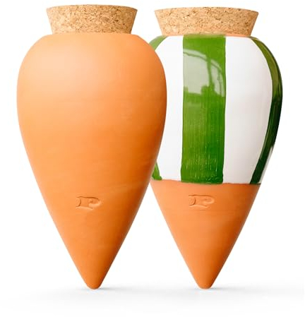 Pepin | 2 x Ollas Terrakotta zum Anpflanzen | automatische und umweltfreundliche Bewässerung für Pflanzen im Innen- und Außenbereich | OYA Terracotta + gestreift grün - 25 cl