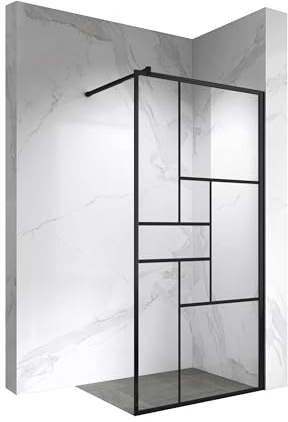 MOMENTS OF GLASS Duschabtrennung Walk In Gianna-R 130x200 cm Duschwand Dusche 8mm STARK aus DURCHSICHTIGEM NANO ESG Sicherheitsglas, Rahmen aus schwarzem Aluminium und Stabilisationsstange in Schwarz