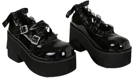 LeaHy Frauen Plattform Mary Jane Schuhe Gothic Punk Kreuzriemen Fliege Blockabsatz High Heels Lolita Prinzessin Schuhe,Schwarz,41 EU