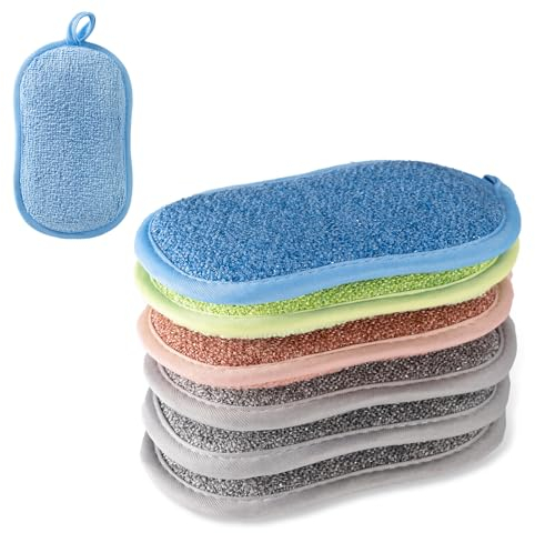Spülschwamm Waschbar Mikrofaser, 6 Stück Zweiseitig Schwamm Küche Wiederverwendbar, eine rauhe und eine weiche Seite für Töpfe, Pfannen, Geschirr,16x9,5cm