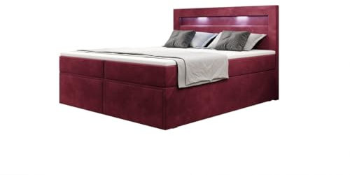 Boxspringbett Amelie 140x200 Doppelbett Polsterbett Bett mit LED-Beleuchtung und Stauraum | Bezug: Samt | Farbe: Rot | Härtegrad: H2 (bis 70kg)