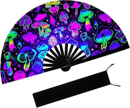 prario UV Glow Clack Handheld Fan with Fan Bag,Large Folding Hand Rave Fan,for Music Festivals,Carnival,Rainbow Outfits,Disco Party,Neon Party,Halloween,Burlesque,Drag Queen & Glow Party Decorations.