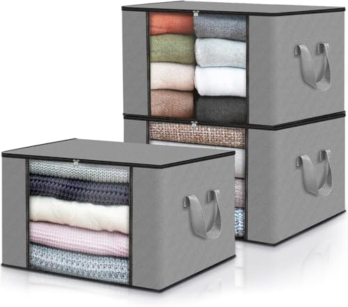 edihome, Cajas Almacenaje Ropa, Bolsas para Guardar Ropa, Organizador Armario, con Asas Reforzadas, Cajas Organizadoras, Fundas de Tela Resistente (Gris claro, Pack de 3)