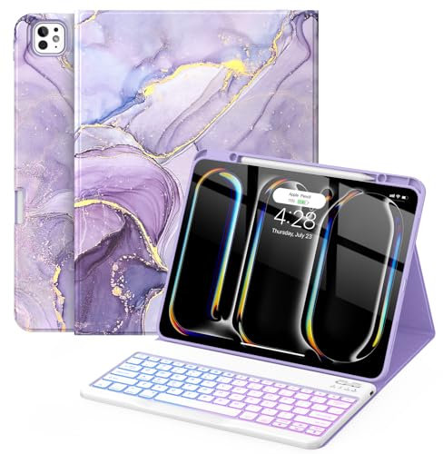 Soke Étui pour iPad Pro 13 avec clavier (M4 2024), Bluetooth sans fil magnétique amovible et clavier rétroéclairé, support folio en TPU avec porte-crayon pour iPad Pro 13, marbre violet