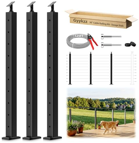 Gyykzz Kit de garde-corps à câble noir de 2,6 à 3,7 m, système de balustrade modulaire de 91,4 cm, kit de poteaux à 3 niveaux avec bornes à sertir, longueur de câble argenté, kit convivial réglable