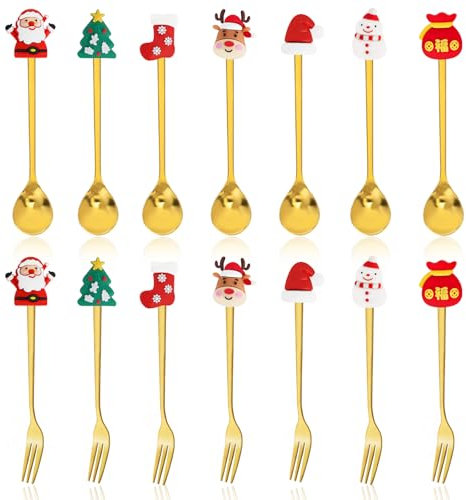 14 Pezzi Cucchiaini da Caffè Natalizi e Forchette, Set di Posate di Natale in Acciaio Inox, Servizio di Posate Cucchiaini da tè da Dessert Set Cucchiaio e Forchetta Set di Cucchiai Natalizi Cucchiaio