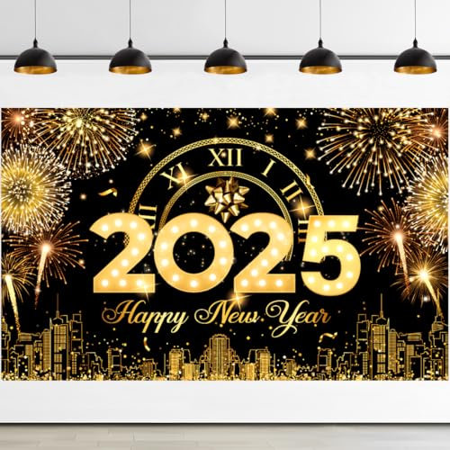 2025 Silvester Banner Deko 180 x 110cm, XXL Neujahrs Hintergrund Schwarz Gold, Happy New Year Banner 2025, für Silvester Deko 2025