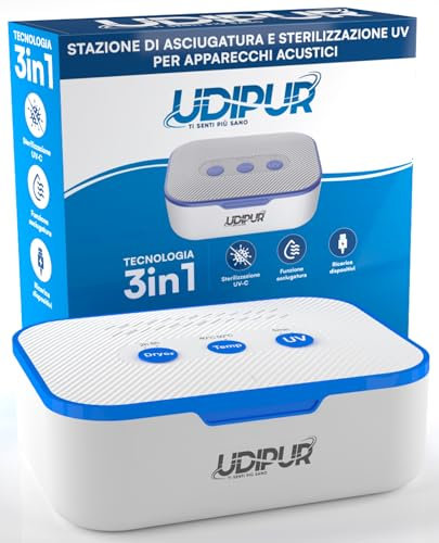 Udipur Station de séchage et de stérilisation UV pour appareils auditifs avec chargeur USB type C 3en1 50°C - 110x90x40mm