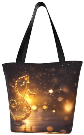 Goldfarbene Musiknote mit gefallenem glänzendem Stern, Handtasche mit Reißverschluss, Umhängetasche, Freizeit, Kuriertasche, Strandtasche, wiederverwendbare Einkaufstasche, faltbar, Polyester,