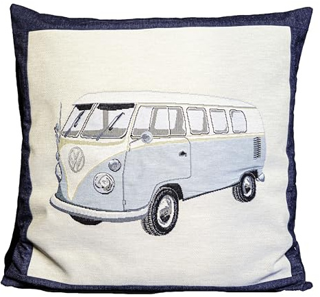 KLAUDI-ART Kissenbezug mit Bulli Motiv, 50 x 50 cm, Blau und Weiß, Gobelin-Motivstoff, Baumwolle und Polyester, Dekokissen für Sofa und Bett