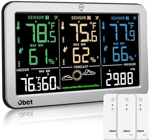 Weather Stations with 3 Sensors Indoor Outdoor Thermometer Wireless Large Display Adjustable Backlight with 500 feet Range Silver