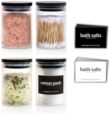 Mason & Fable Ribbed Glass Bathroom Jars with Airtight Black Bamboo Lids | Cotton Pad/Buds/Q tip Holder | Bath Salt/Small Makeup/Clear Vanity Apothecary Storage Canister (10fl.oz-300ml-4x)