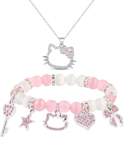Guidre 2 Stück Armband Mädchen Für Hello-Kitty, Glitzerndes Katzen Liebe Bettelarmband, Cartoon Anime Anhänger, Katzen Kette, Niedlich Bogen Kätzchen Anhänger Geschenk für Mädchen und Kinde