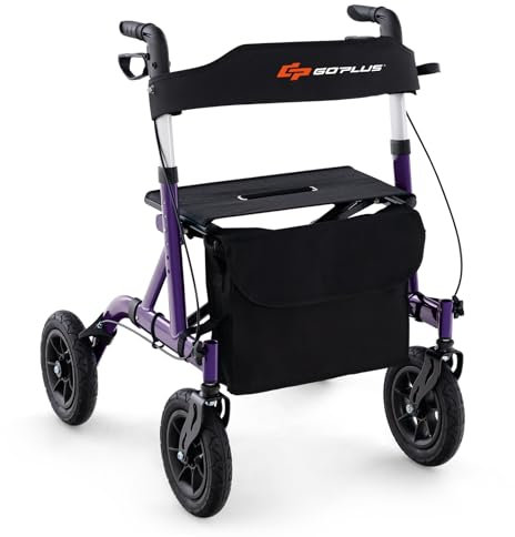 GOPLUS Rollator faltbar, 6-höhenverstellbare Gehhilfe mit Rädern, Laufhilfe leicht mit Griffe, Sitz, Tasche & Stockhalter, Gehwagen aus Aluminium bis 160kg belastbar für Senioren (Lila)