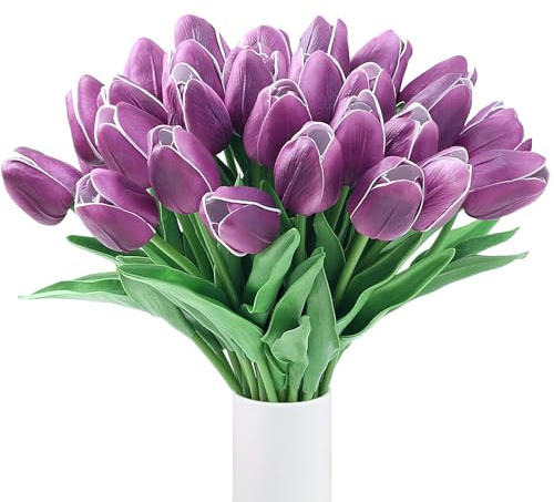XIANNVXI 15 Stück Lila Tulpen Künstlich wie Echt Real Touch Latex Künstliche Tulpen Lila Fake Kunstblumen Blumensträuße Tulpe Blumenarrangements für Muttertag Hochzeitsstrauß Dekor