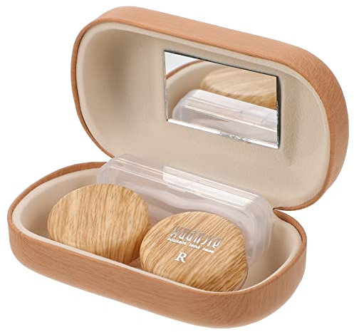 WEKAMOS Boîte à Lentilles Étanche en Cuir Vintage à Grain Bois, Grand Diamètre, Double Compartiment, Étui De Rangement Anti-Fuite, Léger Et Portable, Usage Quotidien pour Lentilles De Contact
