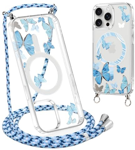 Xylota Funda Magnética con Cuerda para iPhone 12 Pro MAX 6,7'' [Compatible con MagSafe], Transparente Dibujos Carcasa con Ajustable Collar Cordón, Aesthetic Case para iPhone 12 Pro MAX,Butterflies 01