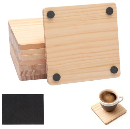8 sottobicchieri in legno, 10 cm, in legno non verniciato, con 48 rotondi, quadrati, sottobicchieri in legno, sottobicchieri in vetro, sottobicchieri fai da te