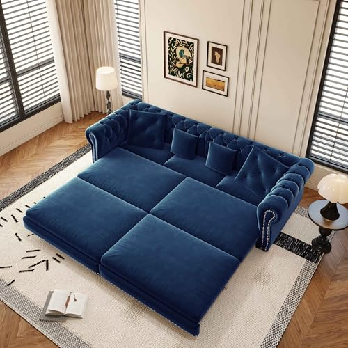Tabaray 89'' Pull Out Sofa Bed King, Chesterfield Velvet Sleeper Sofa, Convertible L-Shaped Futon Couch, Tufted Back, 4 Pillows, Ottoman, Deep Seat Loveseat Couches for Living Room, Apartment, Blue