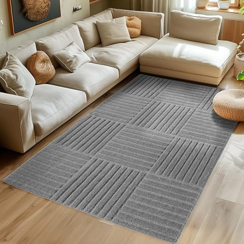 SIMPEX Teppich Läufer 60x110 cm Grau Hochflor Skandi Boho Karo Design Hoch-Tief Effekt Weicher Shaggy Langflor Flauschig Robust Pflegeleicht Modern für Schlafzimmer, Flur