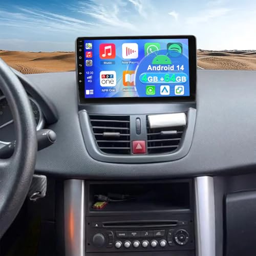 4+64G 2 Din Android 14 Autoradio Multimédia avec sans Fil CarPlay Android Auto pour Peugeot 207 2006–2015, 9 Pouces écran Tactile Radio Stéréo avec Navigation GPS FM RDS SWC Mirror Link écran partagé