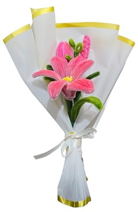 Artificial Lily Flowers, Handmade Knitted Bouquet with Chenille Stems, Wedding Gifts, Valentine's Day, Mother's Day, Anniversary, Birthday & Home Decoration (Pink)