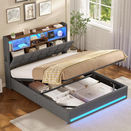AOGLLATI King Size Ottoman Bed Frame with Hydraulic Storage | 5ft Upholstered Platform Bed frame with Charging Station,Storage Headboard & Led Lights(Gray,King-150x200cm)